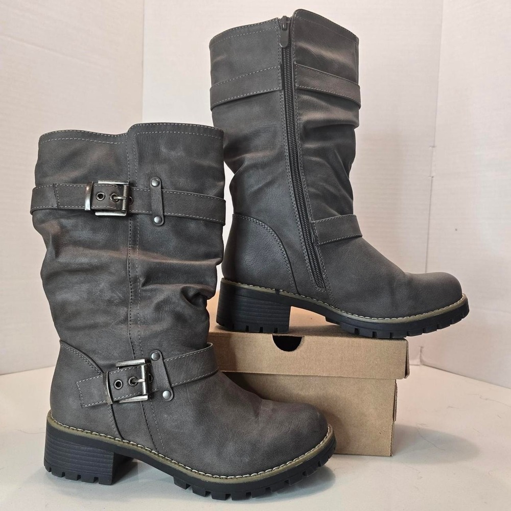GLOBALWIN Women's Mid Calf Dress Boots Biker Motorcycle Riding Boots - 7.5